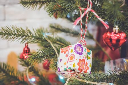 Christmas background with decorations and gift boxesの写真素材