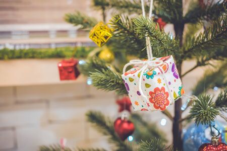 Christmas background with decorations and gift boxesの写真素材