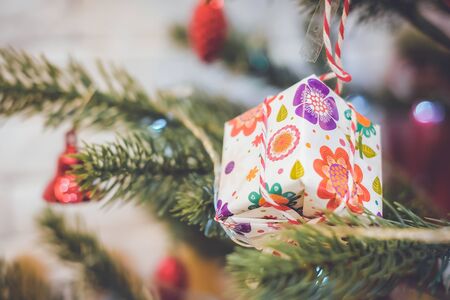 Christmas background with decorations and gift boxesの写真素材