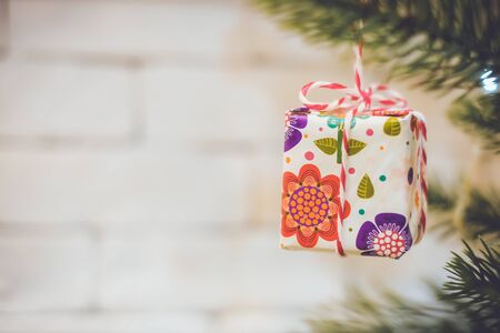 Christmas background with decorations and gift boxesの写真素材