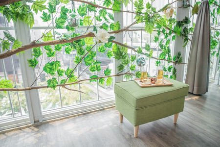 green tea with jasmine in cup and teapot on wooden table on green backgroundの写真素材