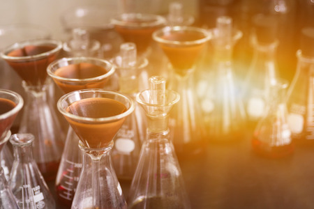 Chemical laboratory background. Chemical science for education during lecture. Laboratory concept with set of glassware in chemical lab.の写真素材