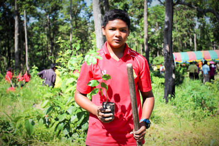 Mukdahan, Thailand, July 26,2016: Photos of students and teachers participating in forest planting activities to preserve nature in the community.のeditorial素材