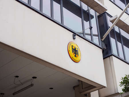 LONDON, ENGLAND - MARCH 8, 2019: Closeup detail of the logo of the German federal embassy at the Royal Brough of Kensignton and Chelsea, Knightsbridge.Travel and international relations.のeditorial素材