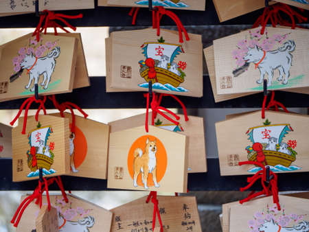 KYOTO, JAPAN - MARCH 29, 2018: Closeup detail of multiple Ema, wooden prayer plaques, with the lucky Shiba Inu dog zodiac hung at the famous Kiyomizu-Dera Temple, Higashiyama. Travel and tourism.のeditorial素材