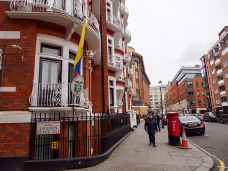 LONDON, ENGLAND - MARCH 8, 2019: Wide view of the Embassy of Ecuador, home of WikiLeaks founder...