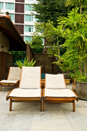 Long chairs by the poolのeditorial素材