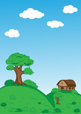 Landscape with trees clouds house and mountains のイラスト素材