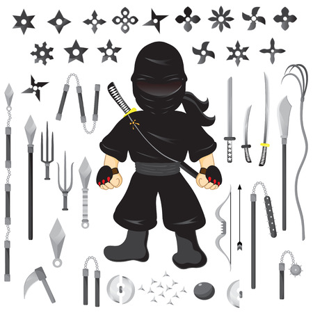 Illustration of character ninja and weapon, cartoon vectorのイラスト素材
