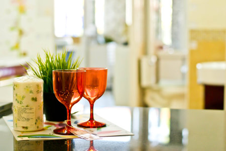 Plastic glass table on the tableの写真素材