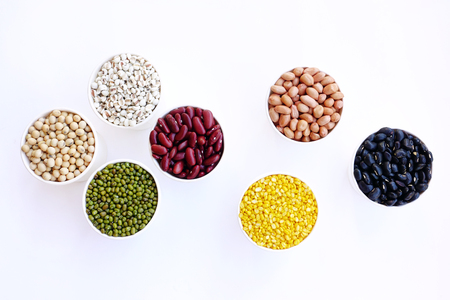 ollection of different legumes isolated on white backgroundの写真素材
