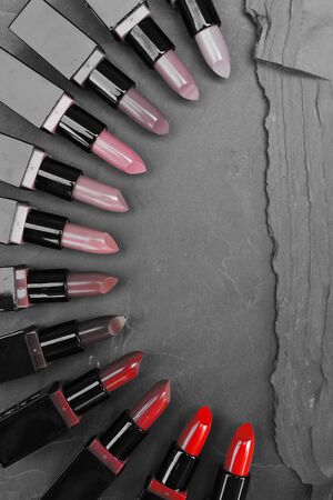 Set of color lipsticks on black backgroundの写真素材