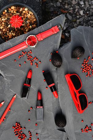 collection of make up and cosmetic beauty products arrangedの写真素材