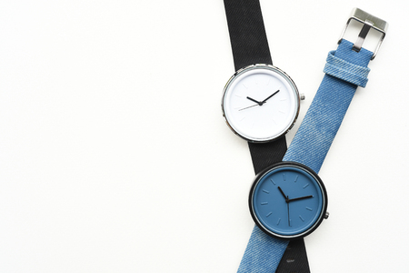 Black and blue wristwatches isolated on white backgroundの写真素材
