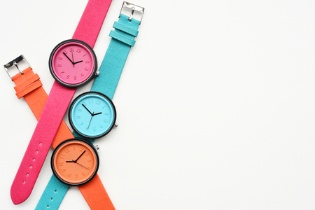 Set of multicolored wristwatches isolated on white backgroundの写真素材