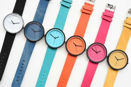 Set of multicolored wristwatches isolated on white backgroundの写真素材