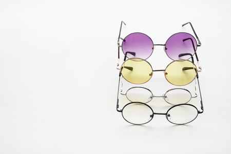 Modern fashionable sunglasses isolated on white backgroundの写真素材