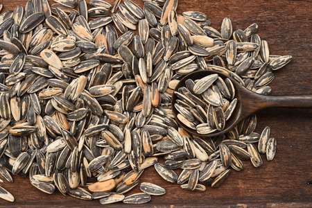 Sunflower seeds on wooden backgroundの写真素材