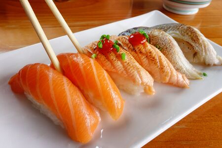 Japanese food - Sushi of salmon & tuna sushiの写真素材