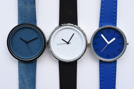 Set of multicolored wristwatches isolated on white backgroundの写真素材