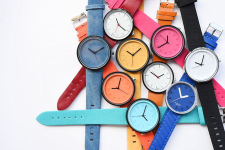 Set of multicolored wristwatches isolated on white backgroundの写真素材