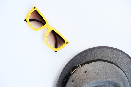 Summer hat and sunglasses isolated on white backgroundの写真素材