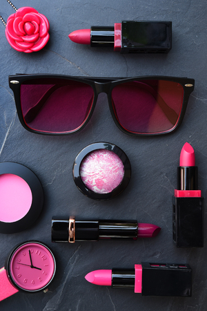 collection of make up and cosmetic beauty products arrangedの写真素材