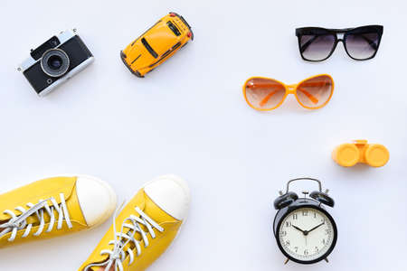 Top view of shoes and car with glasses isolated on white background