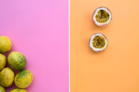 close up of fresh purple passion fruits harvest from farmの写真素材