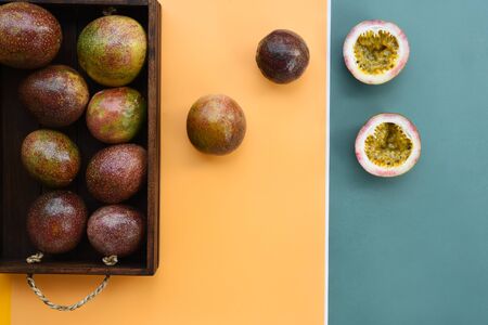 close up of fresh purple passion fruits harvest from farmの写真素材