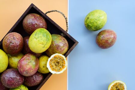 close up of fresh purple passion fruits harvest from farmの写真素材