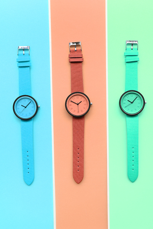 Set of multicolored wristwatches for backgroundの写真素材