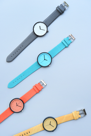 Set of multicolored wristwatches for backgroundの写真素材