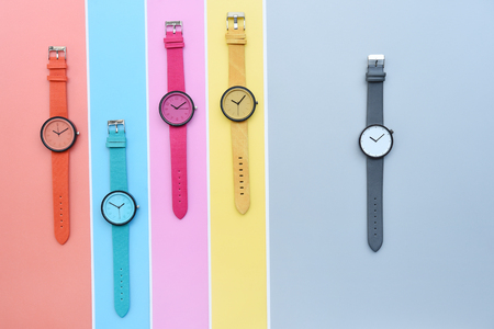 Set of multicolored wristwatches for backgroundの写真素材