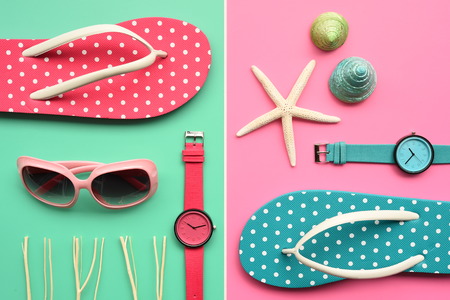 Modern fashionable sunglasses and sandals with starfish for backgroundの写真素材