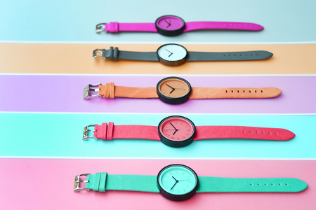 Set of multicolored wristwatches for backgroundの写真素材