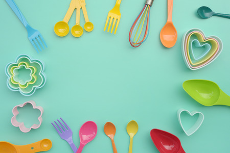 close up of baking utensils tools and cooking concept for background