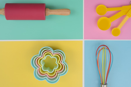 close up of baking utensils tools and cooking concept for background
