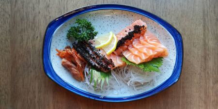Close up slice of salmon sashimi, Japanese foodの写真素材