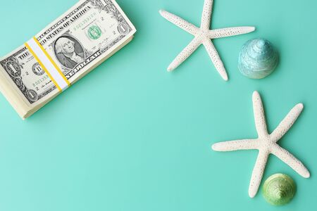 close up of starfish and seashells with banknote on green backgroundの写真素材