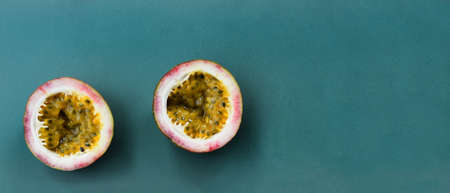 close up of fresh purple passion fruits harvest from farmの写真素材