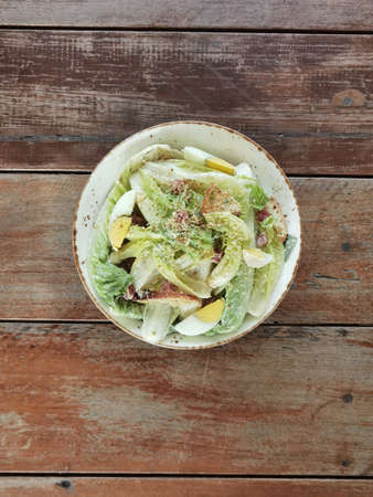 close up of salad vegetable with egg on the plateの写真素材