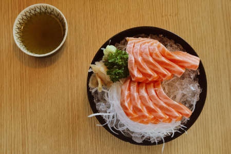 Close up slice of salmon sashimi, Japanese foodの写真素材