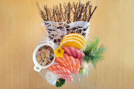 Close up slice of salmon sashimi, Japanese foodの写真素材