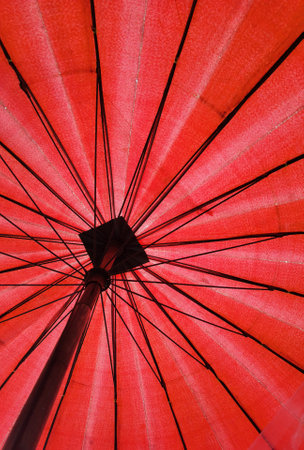 close up of under a red umbrella of its metal framesの写真素材