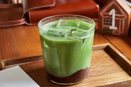 Close up glass of iced matcha green tea on wooden tableの写真素材