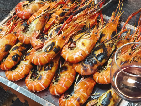 Grilled river prawn or roasted shrimp on the tray is famous Thai seafood.の写真素材