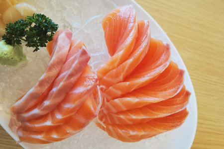 Close up slice of salmon sashimi, Japanese foodの写真素材
