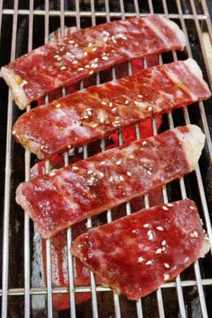 Japanese style bbq Yakiniku with Wagyu beef slicedの写真素材