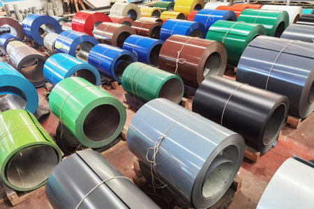 Steel sheet roll and metal sheets are placed on the floor in metal sheet factory.の写真素材
